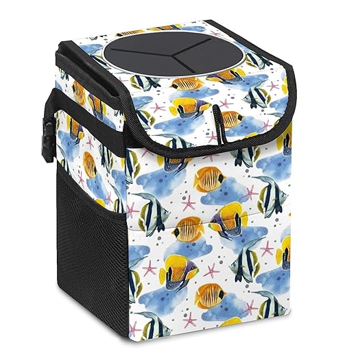 Marine Fish Car Trash Can with Lid - Collapsible Reusable Waterproof Garage Bag,Automotive Garbage Can,Car Accessories Interior Organizer