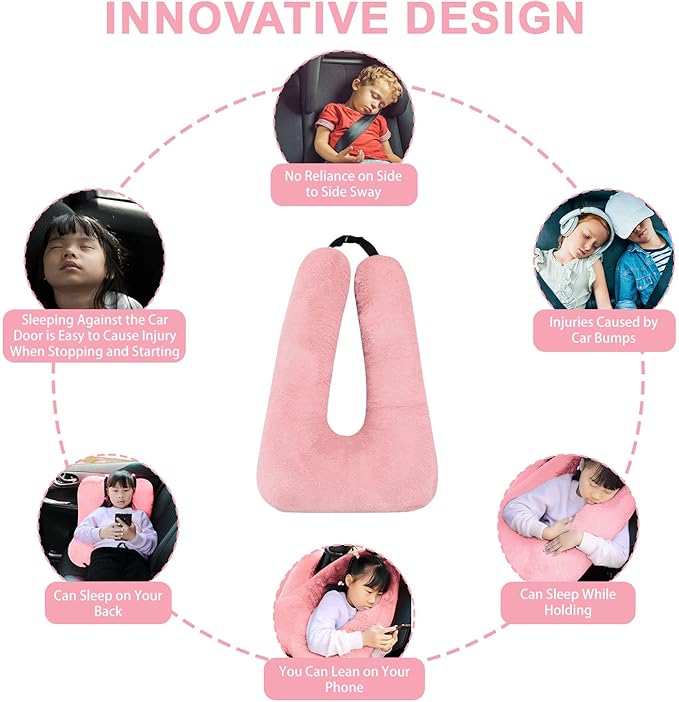 Car Pillow for Kids – Comfort Travel Pillow for Car – Soft Cotton Support Cushion for Children and Adults on Long Trips (Pink)