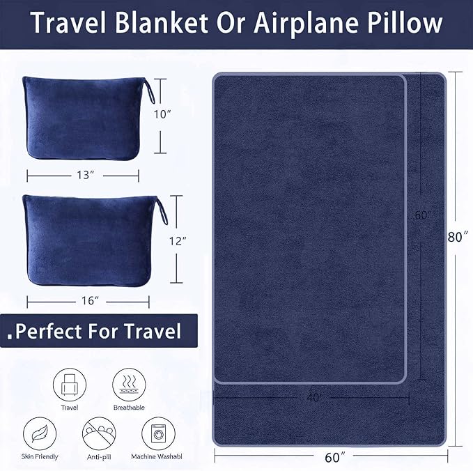 Travel Blanket Pillow, Soft Airplane Blanket 2-in-1, Travel Blanket Airplane Compact with Bag, Travel Essentials Accessories for Plane and Car,60x40 Navy