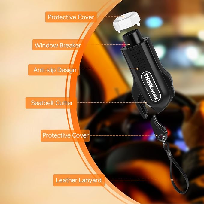 THINKWORK Instant Window Breaker & Seatbelt Cutter - Car Safety Hammer with Tungsten Steel Tip, Emergency Escape Tool for Vehicle Accidents/Home Fires/Office Lockdowns/School Emergencies