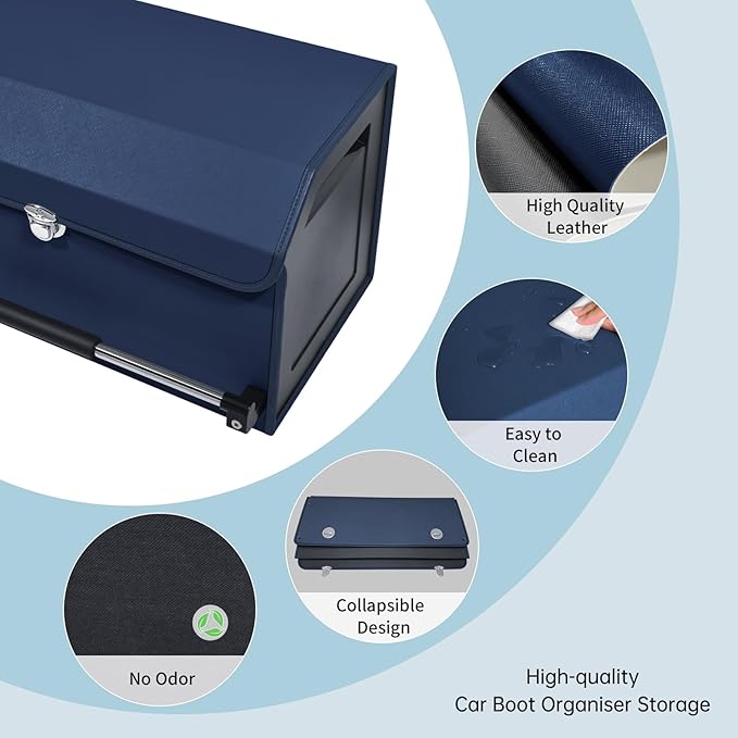 Car Trunk Organizer, Collapsible Car Storage Organizer with Lid and Push-pull Handle Leather Trunk Organizer for Suv, Truck, Minivan (Blue, 27.17 x 11.42 x 12.2in)