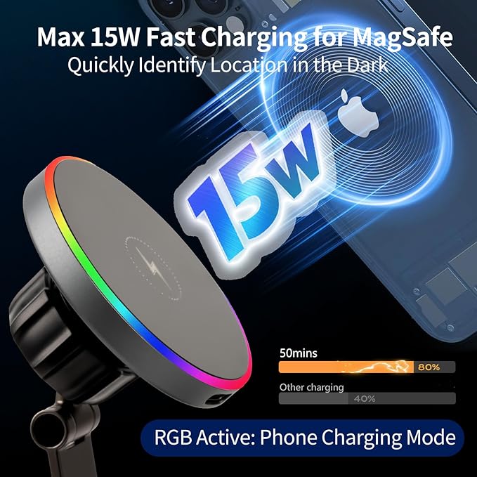 MagSafe Car Mount Charger for iPhone-15W Fast Wireless Charging, 360° Rotation Adjustable Car Phone Holder, 120LBS Strongest Vacuum Suction, 2800gf Strong Magnetic Phone Holders for Your Car
