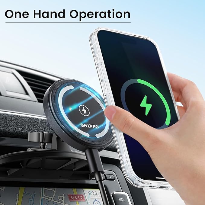 OHLPRO 15W Magsafe Car Mount Charger for iPhone 17, Fast Wireless Charging Magnetic CD Slot Holder with 3M Adhesive Base for Dashboard, Aluminum Shell, Compatible with iPhone 16/15/14 Pro Max, Black