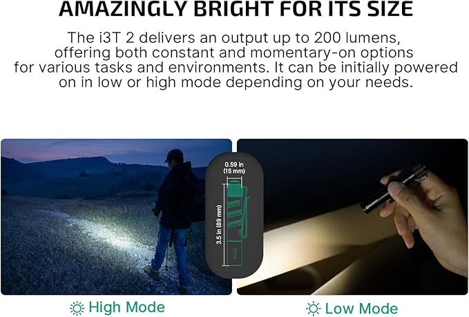 OLIGHT I3T 2 EOS Pocket EDC Flashlight, 200 Lumens Compact Bright Handheld Flash Lights, Dual-Output Tail Switch with AAA Battery and Two-Way Pocket Clip for Camping and Hiking (OD Green)