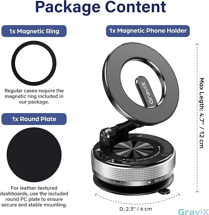 GraviX Car Phone Holder for MagSafe – Adjustable Car Phone Mount with Strong Suction & Powerful Magnet – Phone Holders for Your Car for iPhone 17 Pro Max 16 15 14 13 12 Air Plus – Car Accessories