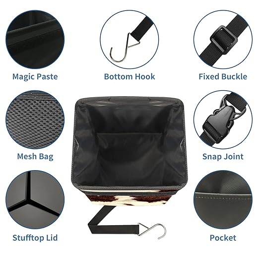 Cowhide Car Trash Can with Lid Collapsible Reusable Waterproof Car Garage Bag,Automotive Garbage Can,Car Accessories Interior Car Organizer One Size