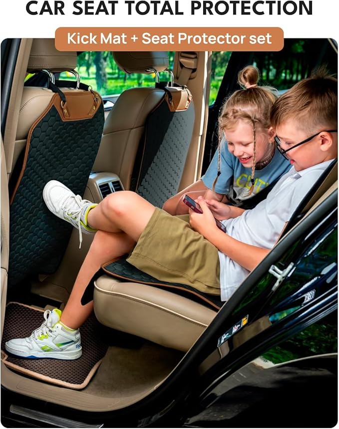 Owleys Kick Mat Back Seat Protector - Car Back Seat Cover for Kids Feet - Waterproof & Sturdy Protector for Upholstery from Dirt, Mud, Scratches and Stain (Hexy Set)