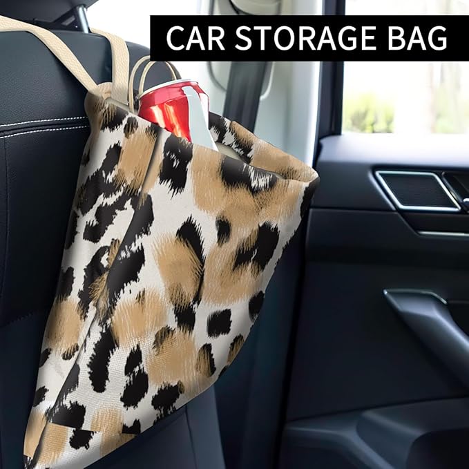 Car Trash Can, Cute Car Trash Bag, Hanging Car Organizer and Storage Bag, Trash Bin for Car Accessories, Vehicle, Travelling, Camping Black Brown Leopard