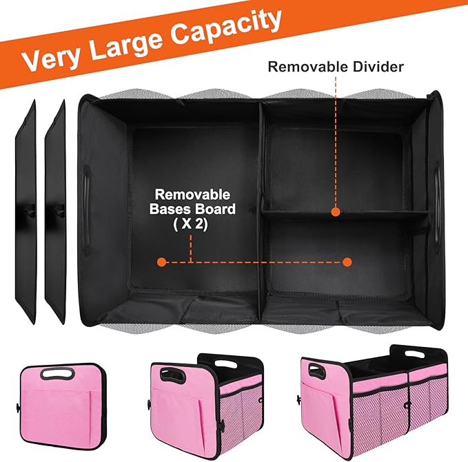 Trunk Organizer, Collapsible Trunk Organizers and Storage, Car Accessories for Women and Men, Multi-Compartment Trunk Storage Organizer for SUV, Car, Mini-Van, Pink