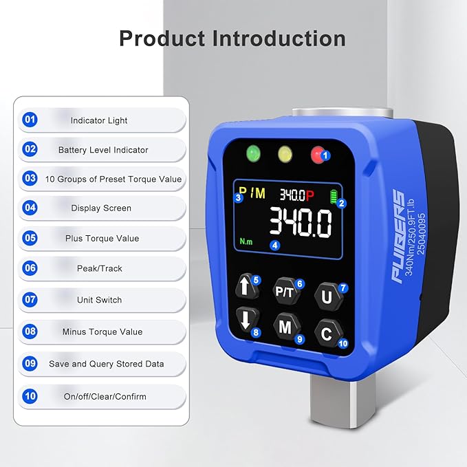 1/2" Drive Digital Torque Wrench Adapter- 12.5-250.7 Ft-lb / 17-340 Nm, Digital Torque Adapter ±2% Accuracy, Colour LCD Display, 1/4” & 3/8” Adapters for Car & Motorcycle Maintenance