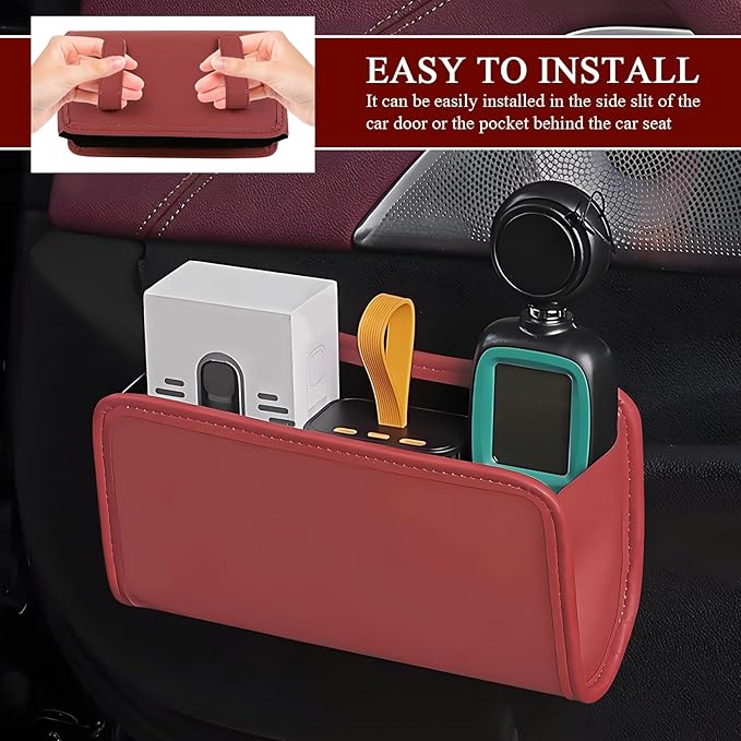 Hovom Car Trash Can, Leather Waterproof Automotive Garbage Can with Trash Bag, Hanging Mini Vehicle Trash Bin, Small Auto Door Organizer Storage Pouch, Universal Car Accessories (Wine Red)