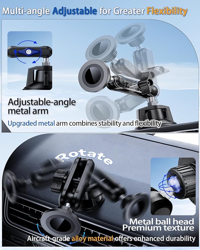 Magnetic Car Phone Holder [3-in-1] for Dashboard, Windshield & Vent, with Strong Suction Cup, Adjustable Metal Arm & 360° Rotation, Universal Phone Mount for All Cell Phones