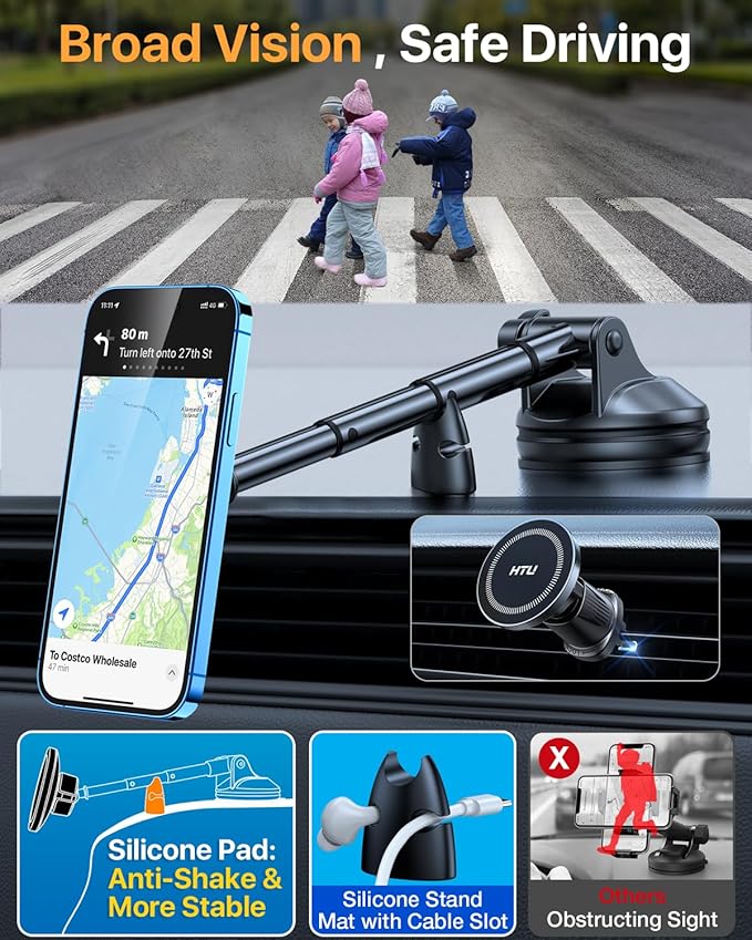 HTU 2025 Upgraded for Magsafe Car Mount [80LBS Strongest Suction & Military-Grade] Powerful Magnetic Cell Phone Holder for Car Dashboard Windshield for iPhone 17 16 15 14 Pro Max Mini,Black
