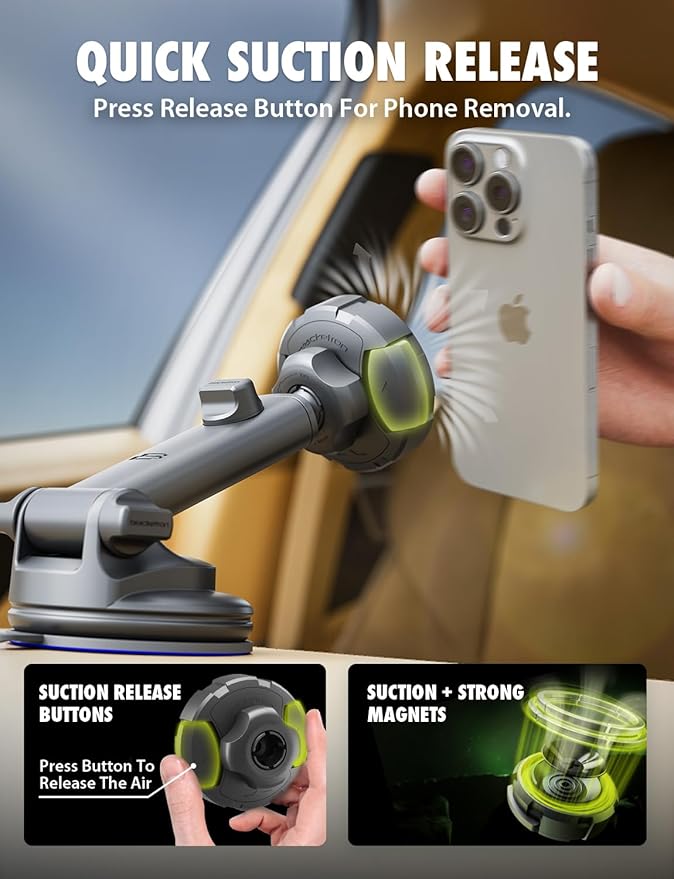 Bracketron MagSafe Car Mount,MagAlign Max Magnetic Phone Holder for Car Windshield & Dashboard,360 Vacuum Suction Magnetic Car Phone Holder for iPhone 17 Pro Max 16 15 14 13 - MagSafe Car Accessories