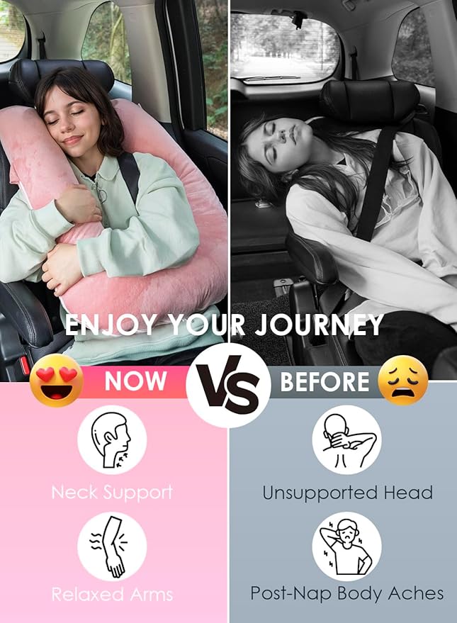 QUEEN ROSE Car Travel Pillow for Sleeping, Adjustable Head Support for Adults & Kids, Breathable Soft Neck Cushion for Road Trips, Machine Washable Cover, Pink