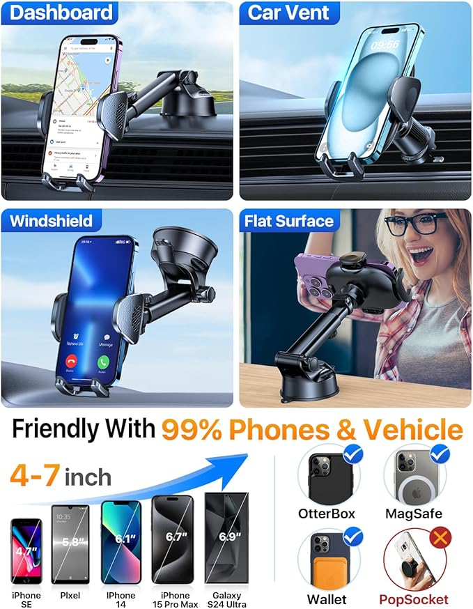 YRU [2025 Upgraded Universal Car Phone Holder Mount【360°Rotatable & Strong Suction】 Cell Phone Car Dashboard Windshield Phone Holder Dash Vent Stand for iPhone 17 16 Pro Max Samsung Truck, Black