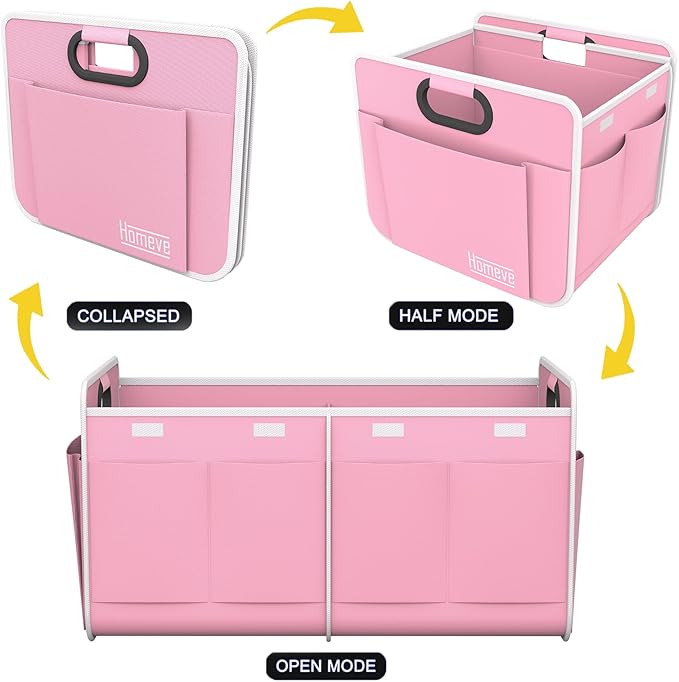 Homeve Car Trunk Organizer, Car Storage, Reinforced Handles, Collapsible Multi-Compartment Car Organizers (Pink, 2 Compart)
