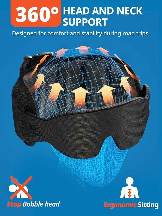 Travel Pillow, Car Travel Pillow with 3D Eye Mask for Sleep, 360° Head Support Strap for All Car Seat, Road Trip Essentials, Stop Bobblehead, Black