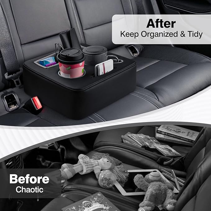 Autorder Back Seat Cup Holder for Car, Couch Cup Holder, Car Truck Boat RV Organizer, Holds Coffee Cups, Books, Phones, Remote Controls - PU Leather Black