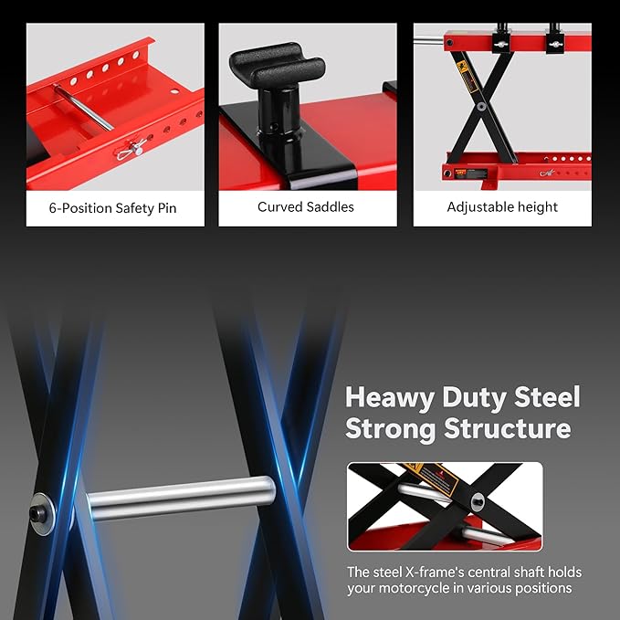 Motorcycle Scissor Lift Jack 1100LBS, Heavy Duty Bike Lift with Safety Lock Pin & Non-Slip Saddle, 3.7"-18.7" Lift Range for Cruisers, ATVs, Dirt Bikes - Compact & Stable Garage Repair Tool