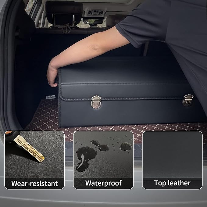 Trunk Organizer for Car With Lid,Foldable Trunk Organizer for SUVs & Sedans,Multi-Functional Leather Storage Box- Black - Large