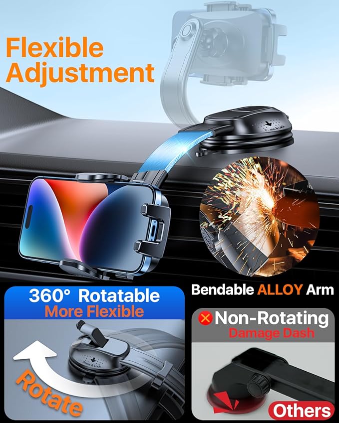 HTU Upgraded Strongest Suction Car Phone Holder Bendable Arm, Never Block View Rotatable Cellphone Mount for Dashboard Windshield Vent, Cradle Stand for iPhone 17 16 15 14 13 12 Pro Max (Dark Pink)