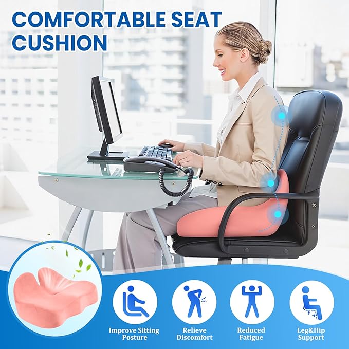 Seat Cushion, Memory Foam Office Chair Seat Cushion for Office Chairs/Car/Long Trip/Desk Chair/Gaming, X-Large Size for Sciatica & Hip & Tailbone Pain Relief, Sciatica Support (Pink)