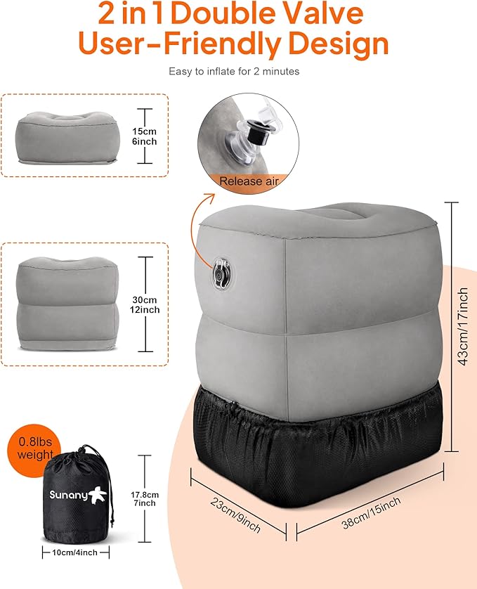 Sunany Inflatable Foot Rest Pillow for Travel, Kids/Adults Airplane Travel Pillow-Adjustable Height Cushions,for Kids to Sleep While Traveling,Suitable for Office, Home and Any Travell (1 Pack)