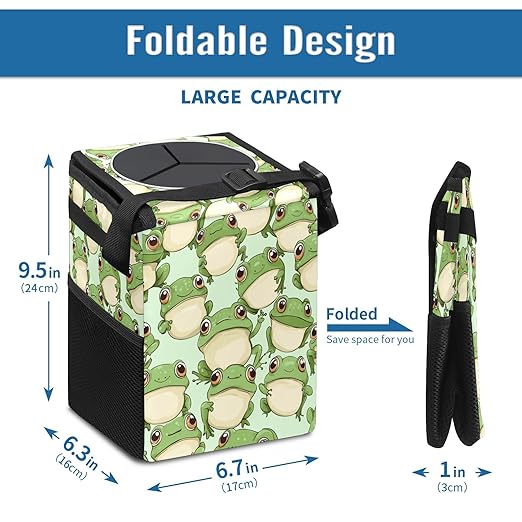 Car Trash Can with Lid & Multiple Pockets,Foldable Vehicle Garbage Bin Waterproof & Leak Proof Automotive Garbage Cans Car Accessories for Women Men Road Trip Essentials Frogs