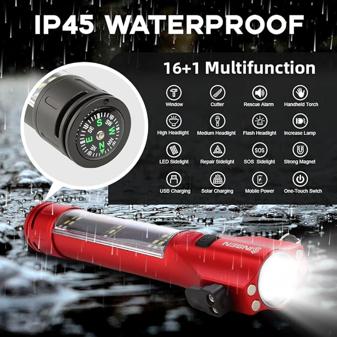 SINSEN Car Window Breaker Seatbelt Cutter, Emergency Escape Tool with Compass, Multi Tactical Safety Hammer Rescue Kit