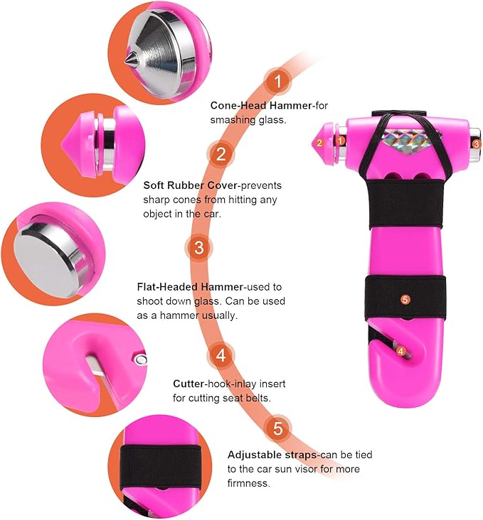 THINKWORK Window Breaker - Pink-Blue Car Safety Hammer Gift for Lady and Men, Three-in-One Emergency Escape Tool with Seat Belt Cutter, Safety Emergency Car Escape Tool for Family, Women, Children