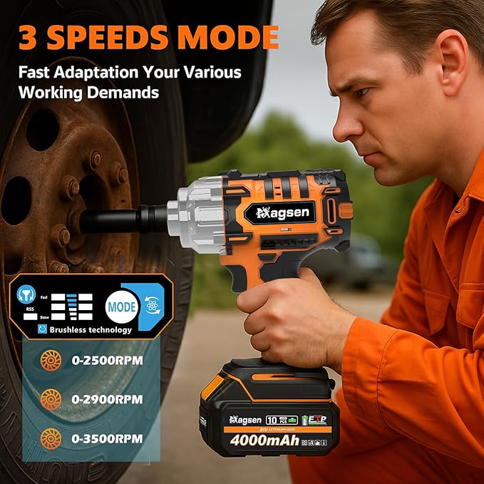1000N.m/737Ft-lbs Brushless Impact Wrench,1/2" Cordless Impact Gun / 2x4.0Ah Battery & 6 Sockets, 3500RPM Power Electric Impact Driver for Car/DIY Furniture/Lawn Mower, Orange Toolbox