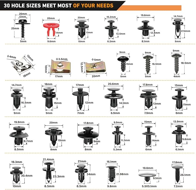 GOOACC 941Pcs Car Retainer Clips and Auto Body Fasteners Assortment-30 Most Popular Sizes Nylon Bumper Fender Rivets with 10 Cable Ties for Ford GM Toyota Honda Chrysler Benz Nissan, etc.