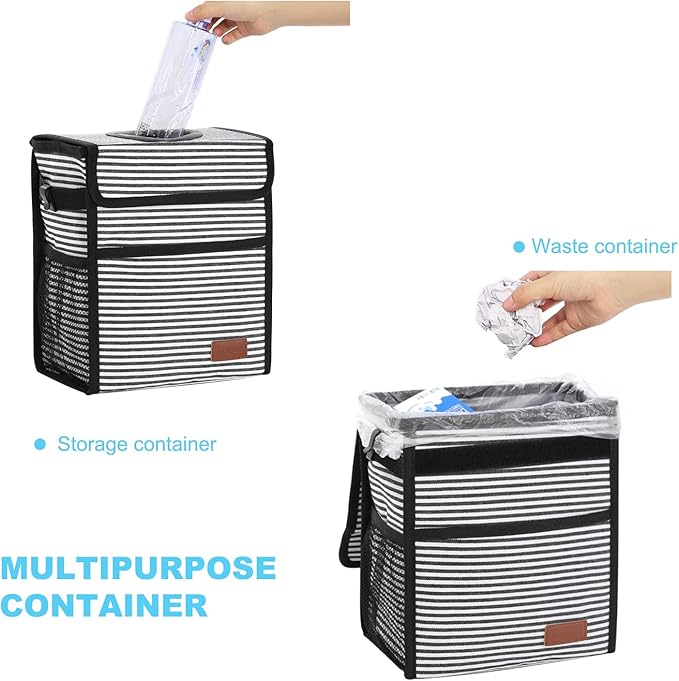 Femuar Car Trash Can with Lid - Leak Proof, Waterproof, Multipurpose Car Hanging for Headrest, Collapsible, Portable with Storage Mesh Pocket, Stripe