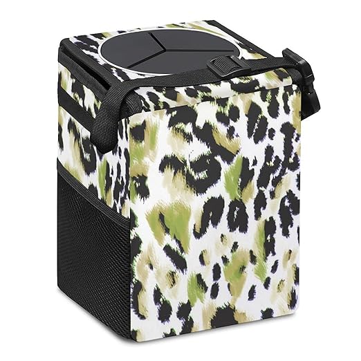 Leopard Print Car Trash Can with Lid - Collapsible Reusable Waterproof Garage Bag,Automotive Garbage Can,Car Accessories Interior Organizer