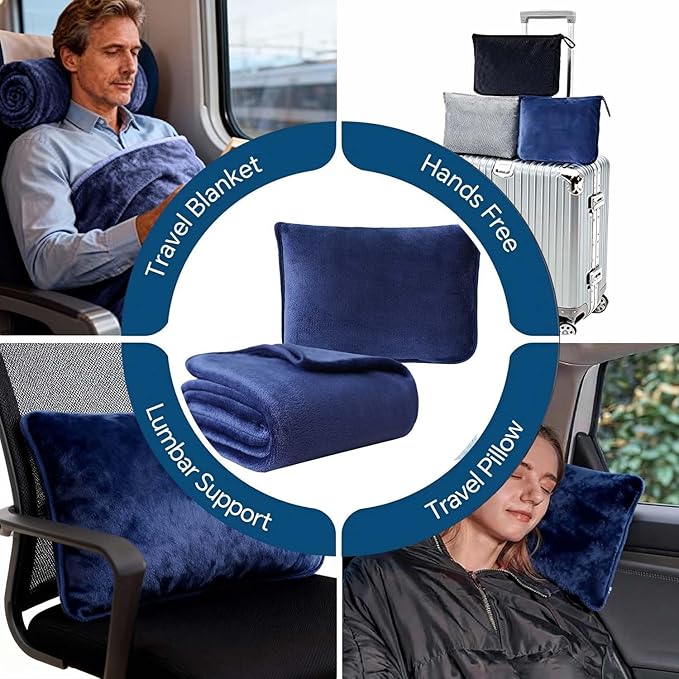 Travel Blanket and Pillow - Premium Soft 2 in 1 Airplane Compact with Soft Bag Pillowcase, Plane Blanket Compact Packable, Travel Essentials Accessories for Plane and Car, 60x80 Navy