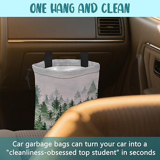 Car Trash Bag Foggy Forest Hanging Drawstring Car Organizer and Storage Bag with Adjustable Buckle Canvas Garbage Bin for Back Seat or Hanging Headrest Car Decor Road Trip Essentials