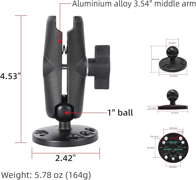 1" Ball Double Socket Arm with AMPS Hole Round Plate Base, Aluminum Alloy Arm&Drill Base, Compatible with RAM Mounts 1 Inch Ball Components, for Bike Car Motorcycle Phone Mount (4.53" Length)