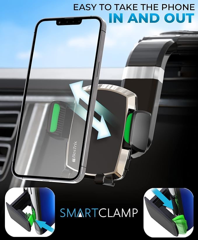 Bestrix SmartClamp Car Phone Mount | Dashboard Cell Phone Car Phone Holder Compatible with iPhone 13 12 11 Pro, Xr, Xs, XS MAX,XR,X, Galaxy S20 Note 20 Ultra & All Smartphones