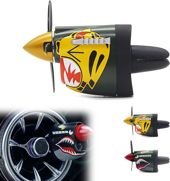 P-40 Fighter Car Air Vent Decoration with Spinning Propeller, Vintage P40 Warhawk Air Freshener, Dashboard Decorations for Auto Interior Decor Gift (1 Pc Yellow)