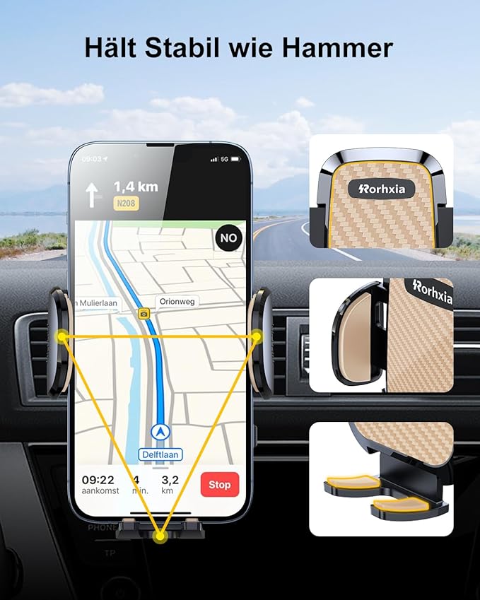 Gold Car Vent Phone Mount, [Never Blocking Vent, Enjoy The Comfort of The A/C] Hands-Free Universal Extension Clip Air Phone Holder Car Fit for All Phones iPhone Samsung