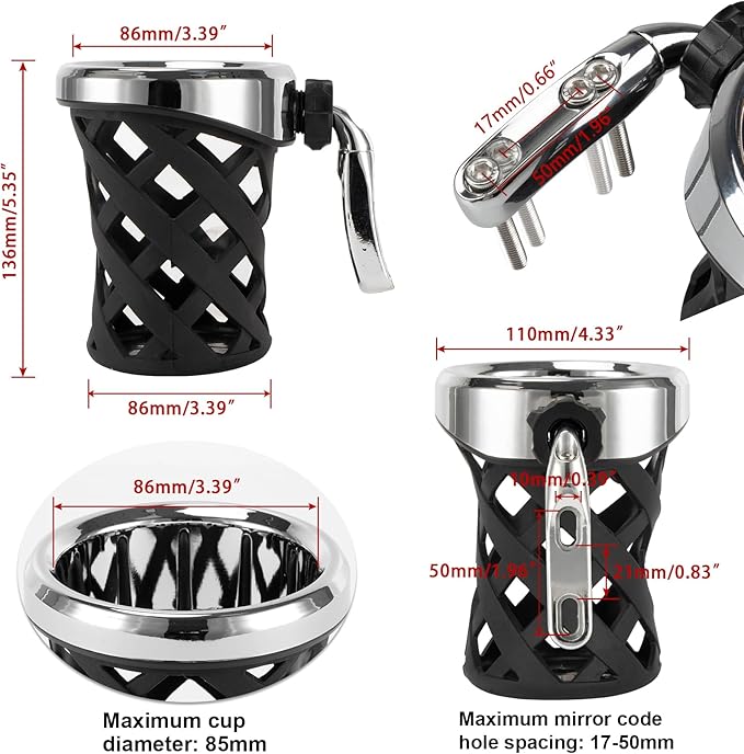 PSLER Motorcycle Drink Cup Holder Handlebar Mount Universal for Dyna Fat Bob Touring Road Glide Street Electra Glide Softail 1996-up Goldwing GL1800 2018-up (Chrome, 105mm)