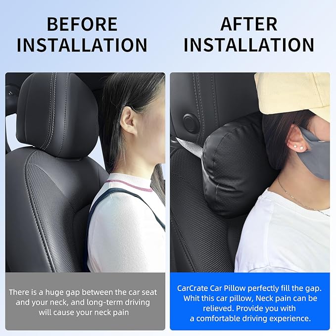 2 Pack Car Neck Pillows, PU Leather Car Headrest Support with Adjustable Strap, Ergonomic Dupont Bio Cotton Head Rest Pillow for Road Trips & Daily Commutes (Black, Soft Style)