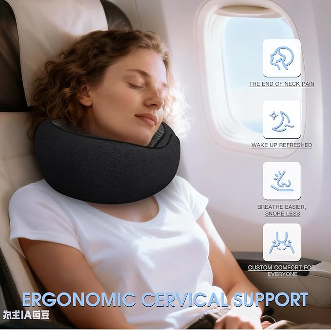 Neck Travel Pillows for Airplanes Memory Foam Neck Comfort Pillow Compact Ergonomic Design Sleeping Essentials for Long Flights Car Rides and Home Use (Black)