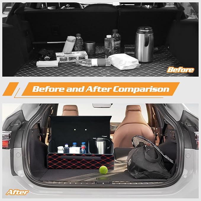 Ergocar Car Trunk Organizer Luxury Foldable Car Boot Tidy Storage Box Waterproof PU Car Boot Storage Organiser for Car/SUV/Truck/Auto (Black Red-M)