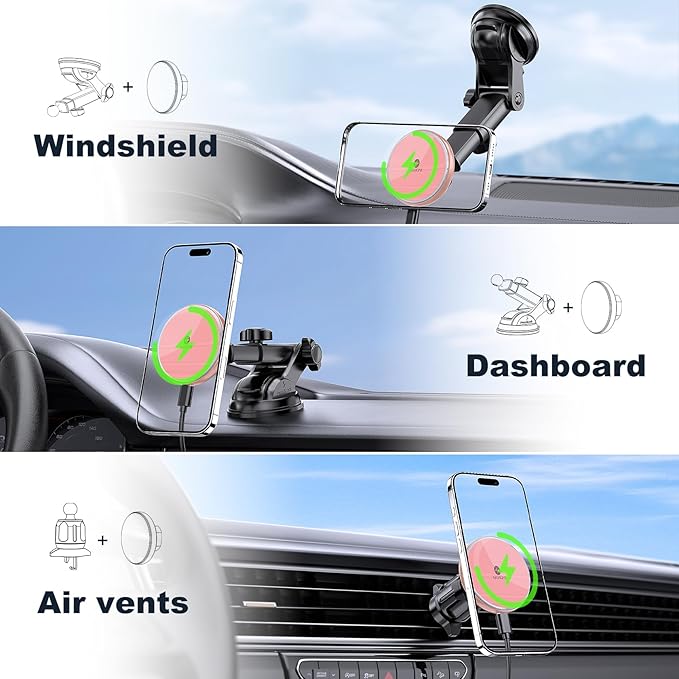 MOKPR for Mag-Safe Car Mount Charger, Magnetic Phone Holder for Your Car Charger Dash Windshield Vent Magnetic Wireless Car Charger Mount for iPhone 17 16 15 14 13 12 Pink