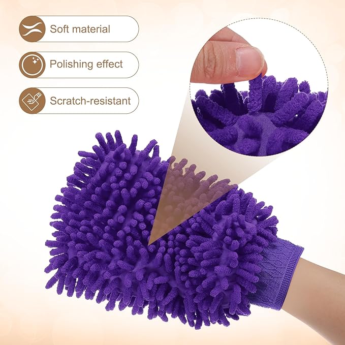 HARFINGTON 2pcs Premium Chenille Microfiber Car Wash Mitts 9.8" x 7.9" Scratch Free Wash Gloves Absorbent Double Sided Plush Cleaning Drying Mitts for Car Washing Home Purple