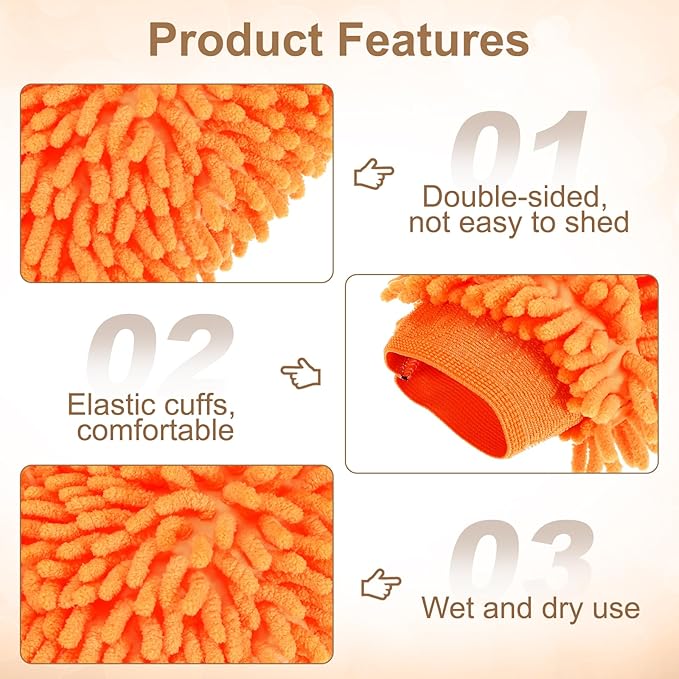 HARFINGTON Chenille Microfiber Car Wash Mitts 9.8" x 7.9" Scratch Free Wash Gloves Absorbent Double Sided Plush Cleaning Drying Mitts for Car Washing Home Orange Yellow