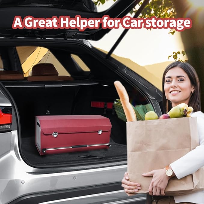 Car Trunk Organizer, Trunk Organizer for SUV with Push-pull Handle and Lid Car Leather Trunk Storage Box (Claret, 27.17 x 11.42 x 12.2in)