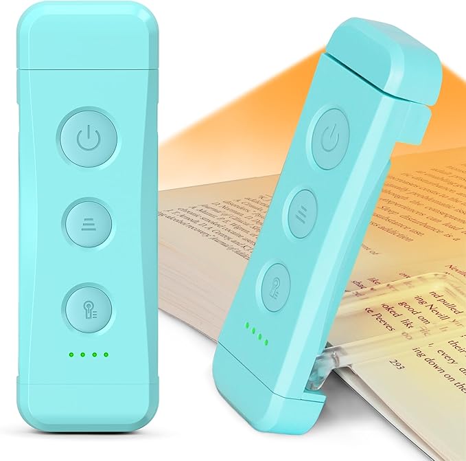 Glocusent USB Rechargeable Book Light for Reading in Bed, Portable Clip-on LED Reading Light, 3 Amber Colors & 5 Brightness Dimmable, Compact & Long Lasting, Perfect for Book Lovers (Blue-Pro Max)